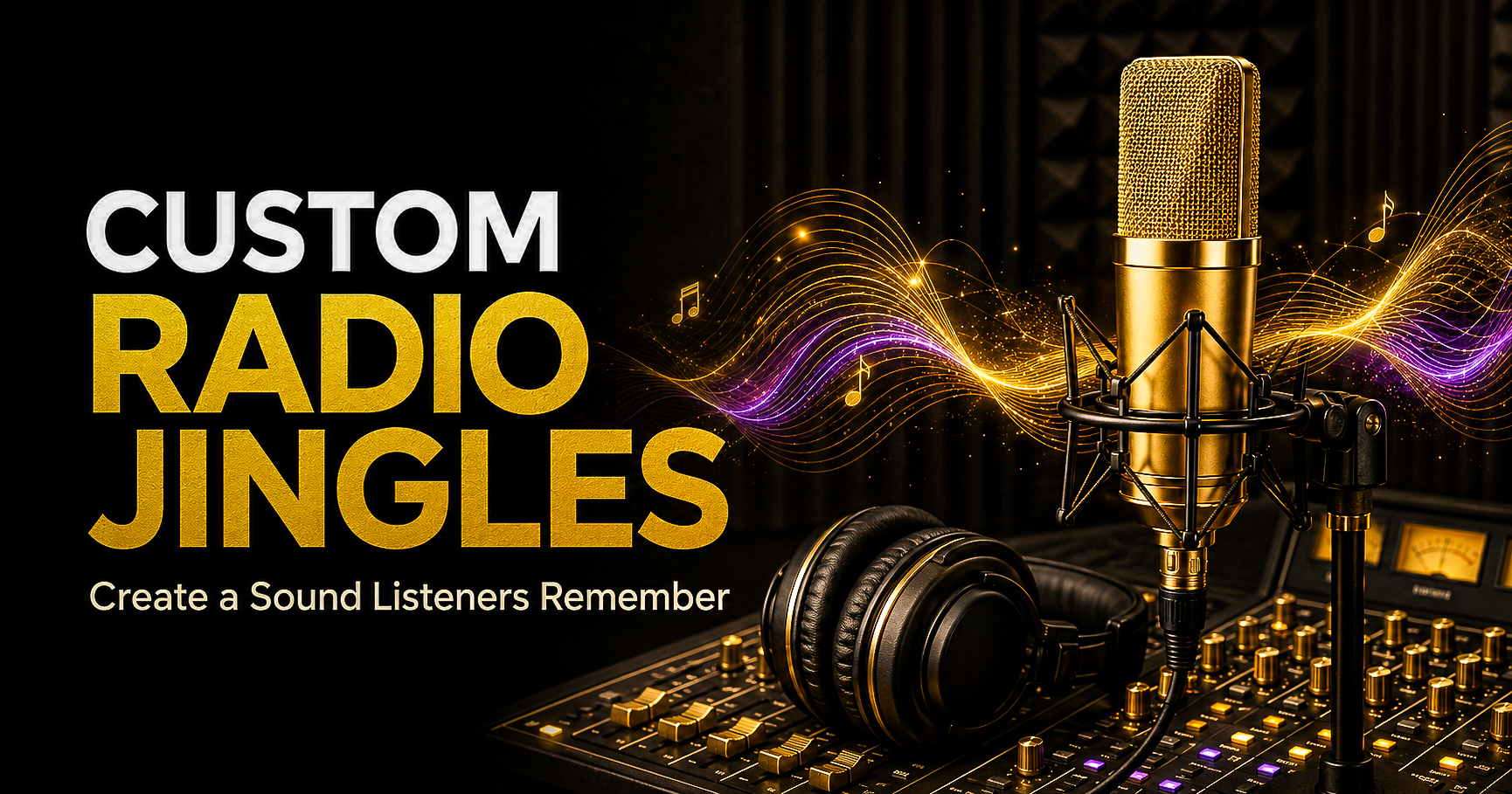 Custom radio jingles featuring a gold studio microphone, headphones, mixing console, and musical sound waves