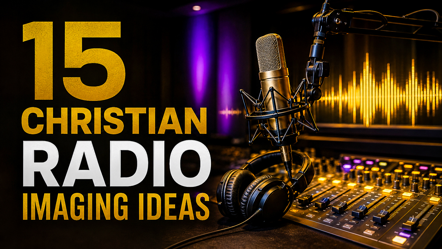 Christian radio imaging ideas featuring a studio microphone, headphones, mixing console, and gold sound waves
